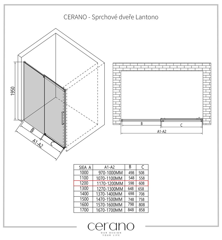 Cerano Lantono, posuvné dvere do otvoru 120x195 cm, 8mm číre sklo, čierny matný profil, CER-CER-432046