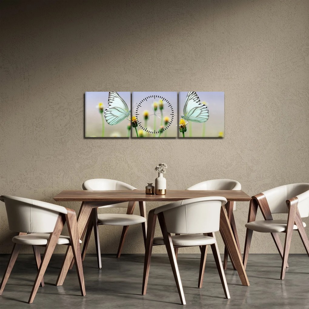 Obraz motýľov na kvetine (s hodinami) (90x30 cm)