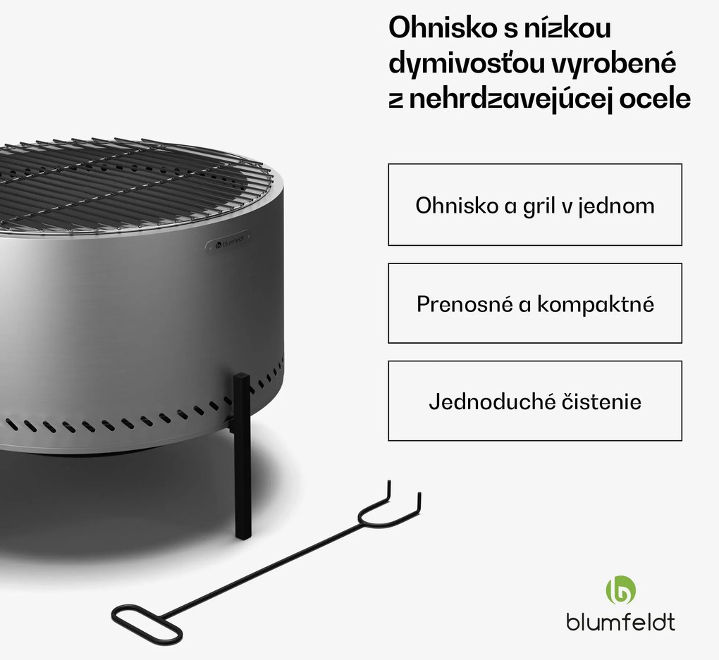 Blumfeldt Ignite Pure ohnisko, nízka dymivosť, grilovací rošt, nehrdzavejúca oceľ, prenosné, kryt proti dažďu, držadlá na prenášanie