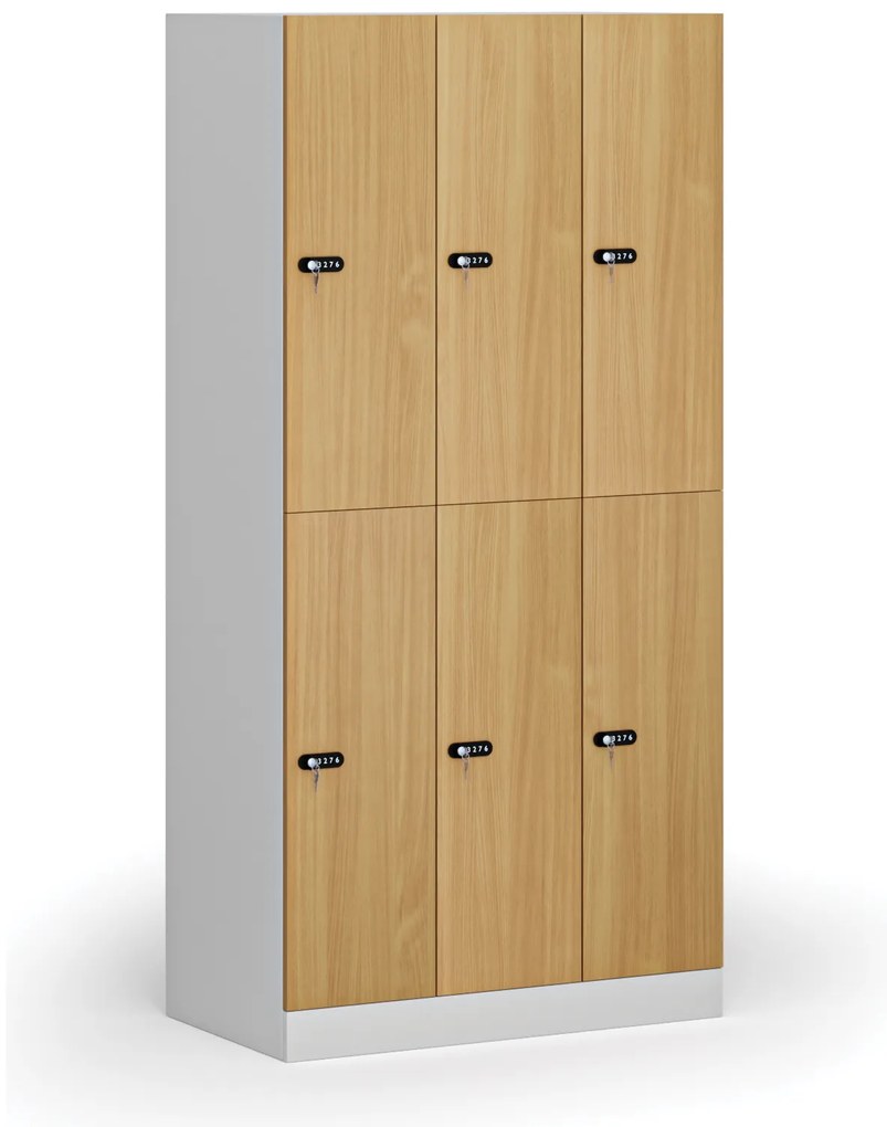 Šatníková skrinka S1 s úložnými boxmi, 6 boxov, 1850 x 900 x 500 mm, mechanický kódový zámok, laminované dvere, buk