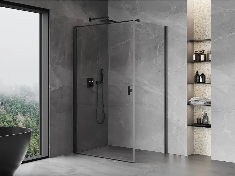 Mexen Mist-B, 1-krídlový výklopný sprchový kút 90 x 85 cm, číre sklo, čierny profil, 8A2T-090-085-70-00