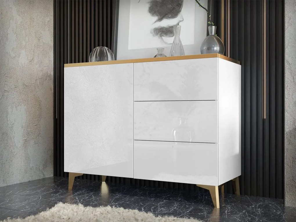 Komoda Opuncia 1D3S (biela + biela lesklá + zlatá). Vlastná spoľahlivá doprava až k Vám domov. 1122776