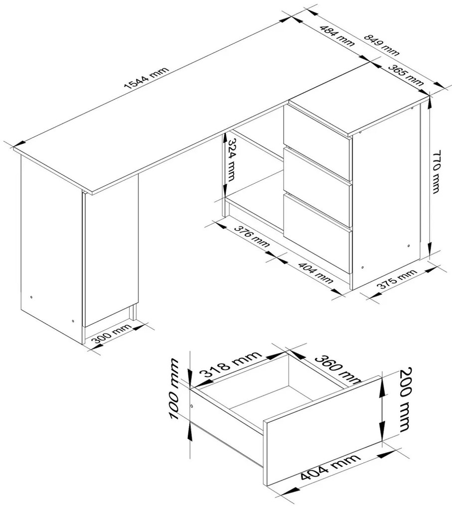 Rohový písací stôl B20 dub sonoma/biely pravý