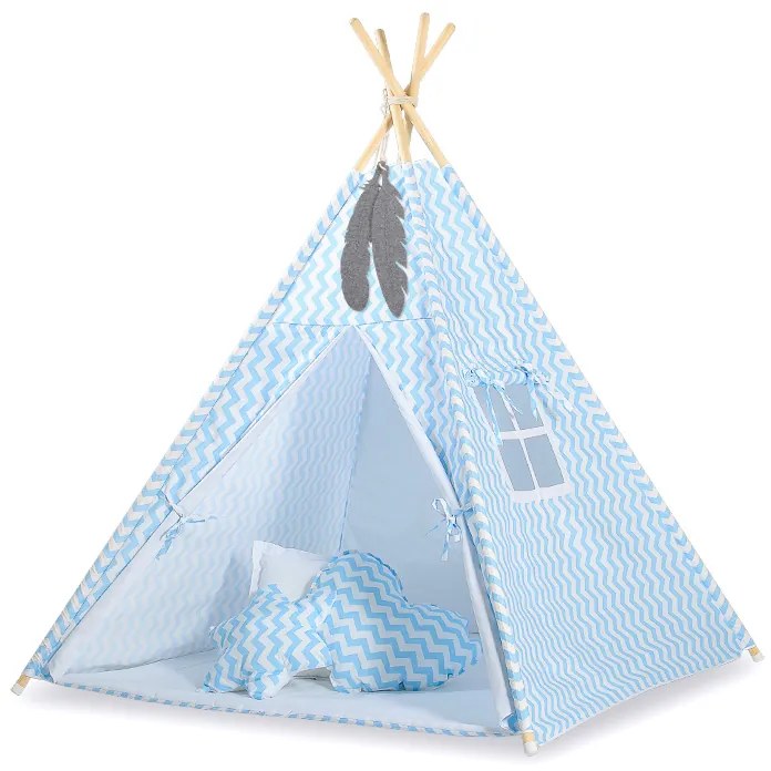 Bobono Stan Teepee pre deti + hracia podložka + vankúše + ozdobné perie - Chevron modrá