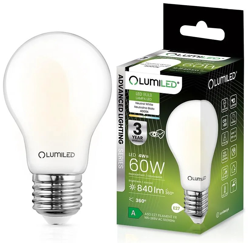 Žiarovka LED A60 FIL FR 4W E27 840LM 4000K
