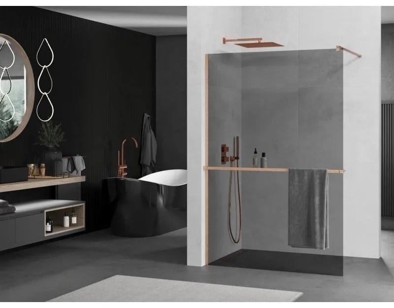 Mexen Kioto+, sprchová zástena Walk-In s poličkou a vešiakom 70 x 200 cm, 8mm šedé sklo, medený matný profil, 800-070-121-65-40