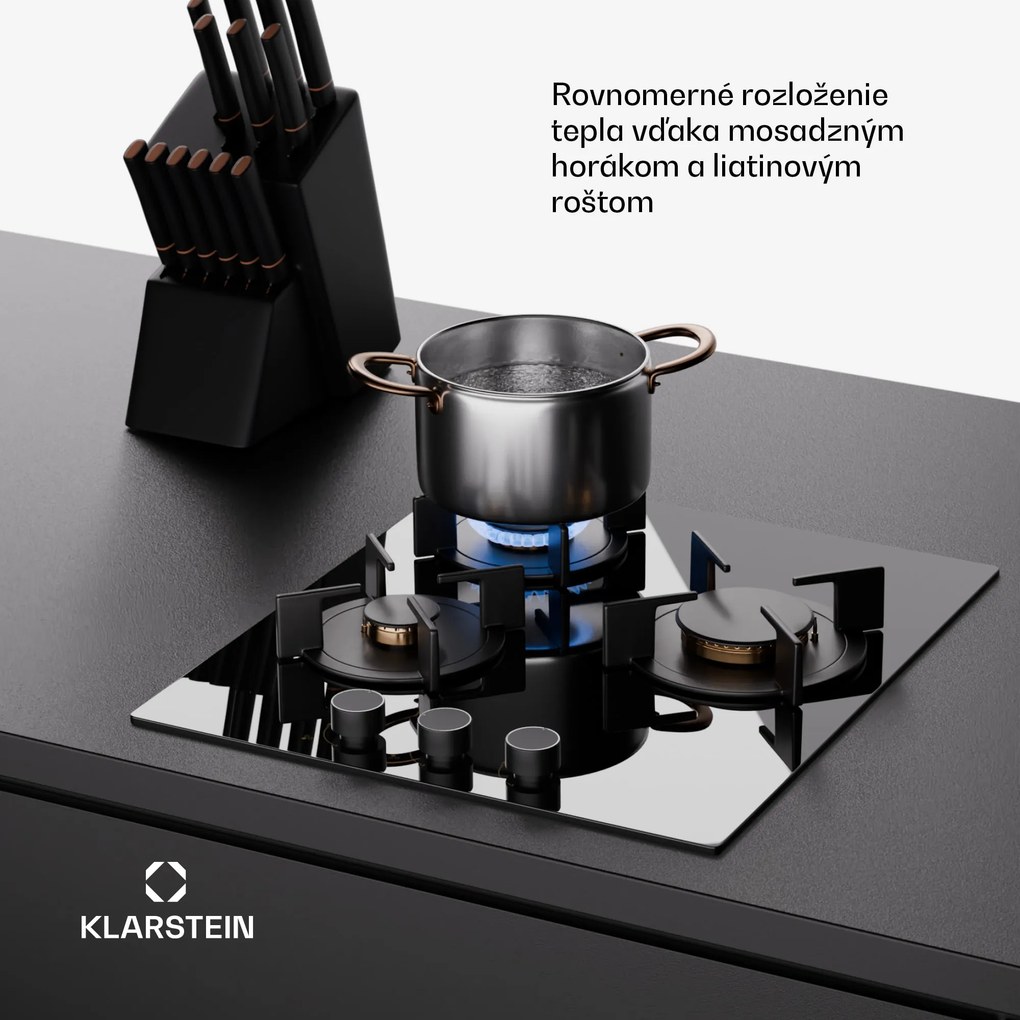 Klarstein Goldflame Domino, plynová varná doska, 3 mosadzné horáky, nehrdzavejúca oceľ