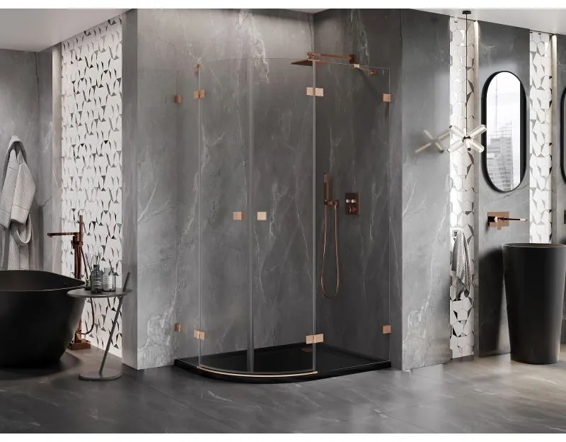 Mexen Lunar, pravý polkruhový sprchový kút 100 x 80 cm, 8mm číre sklo, profil medená matná, 833-100P-080L-65-00