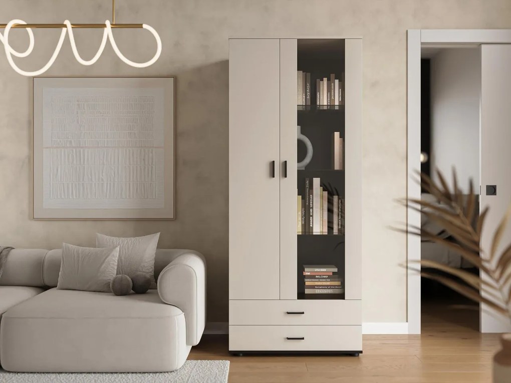 Vysoká vitrína 2D2S Boho B6, Osvetlenie: osvetlenie LED biele, Farby: kašmír / kašmír + čierna