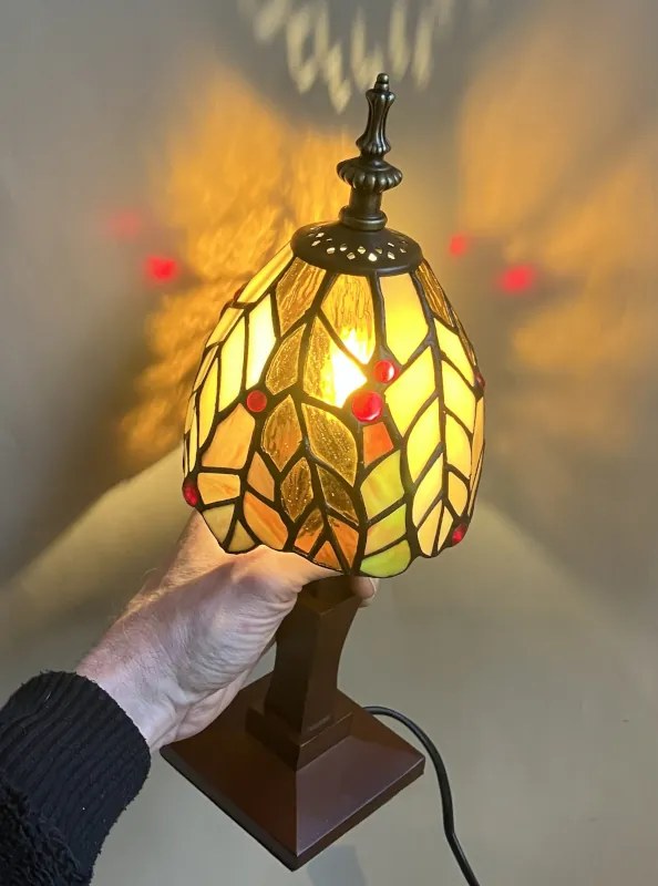 Stolná lampa Tiffany vitáž FLORA_WOOD BASE 33*12 E14