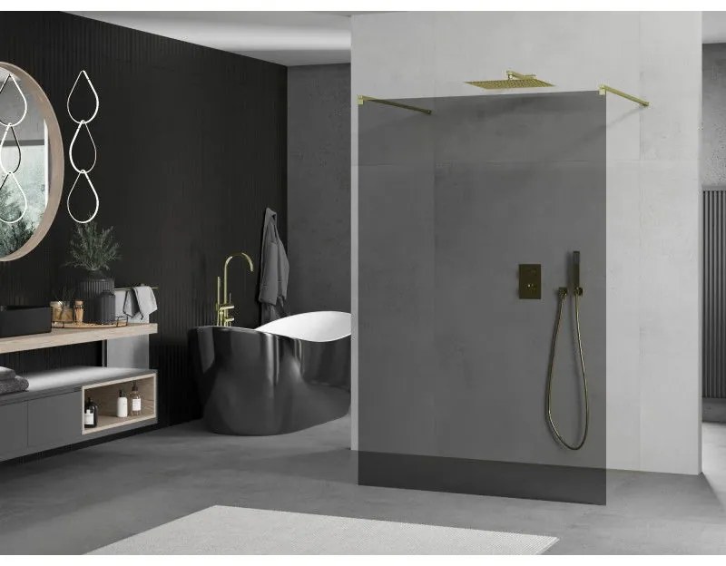 Mexen Kioto, priechodná sprchová zástena 120 x 200 cm, 8mm šedé sklo, 2x zlatá stabilizačná rozpera, 800-120-002-50-40