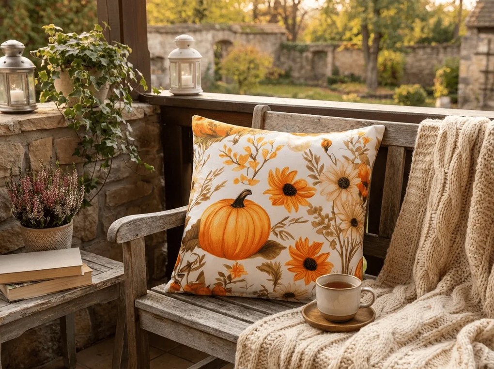 Obliečka na vankúš z mikrovlákna FLOWERS AND PUMPKINS 45x45 cm, oranžová
