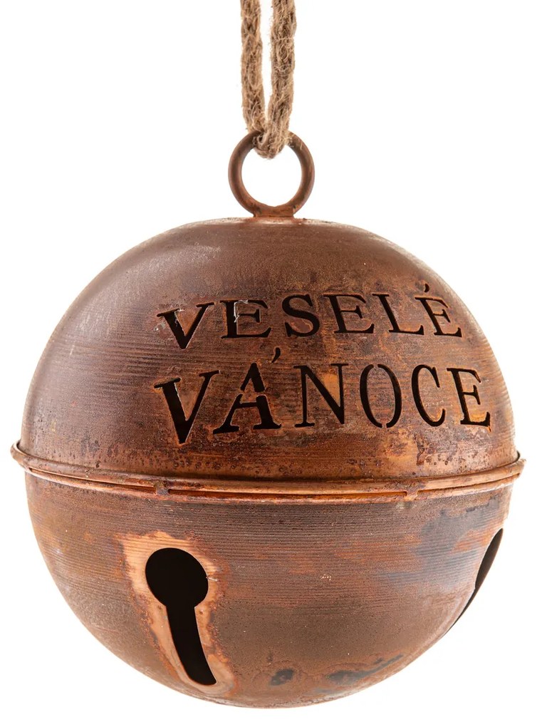 Kovová rolnička Veselé Vánoce pr. 15,5 cm, farba medená, rustik