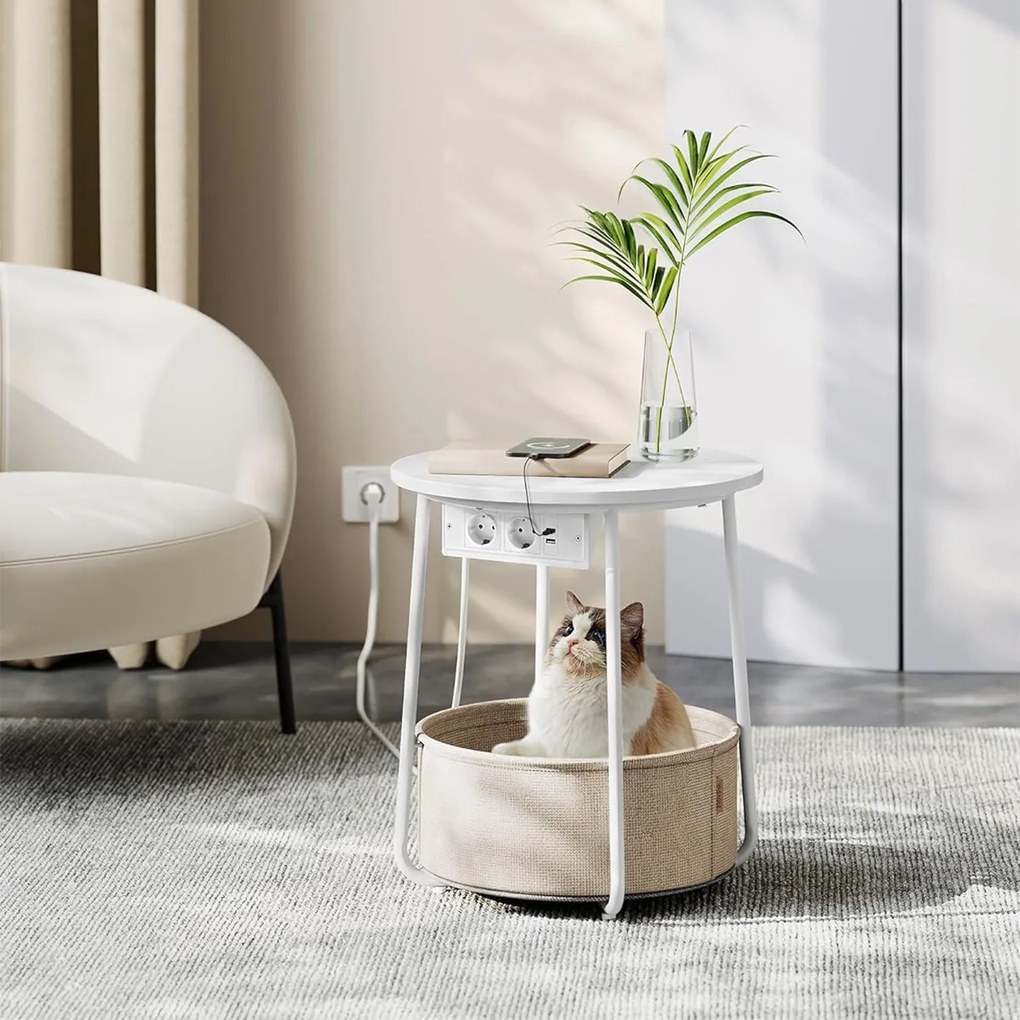 Okrúhly príručný stolík s nabíjacou stanicou, malý stolík so zásuvkou, matná biela a béžová farba