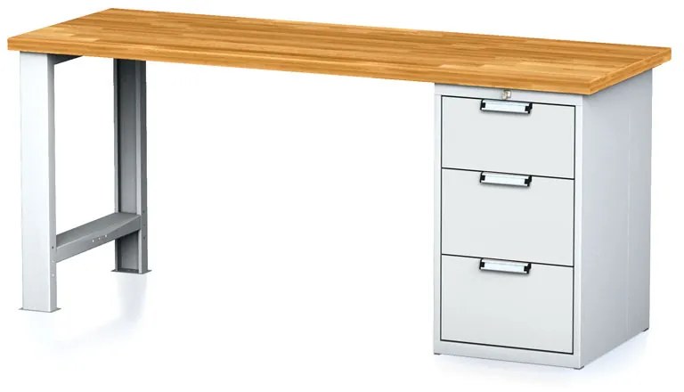 Dielenský pracovný stôl MECHANIC I, pevná noha + dielenský box na náradie, 3 zásuvky, 2000 x 685 x 880 mm, sivé dvere