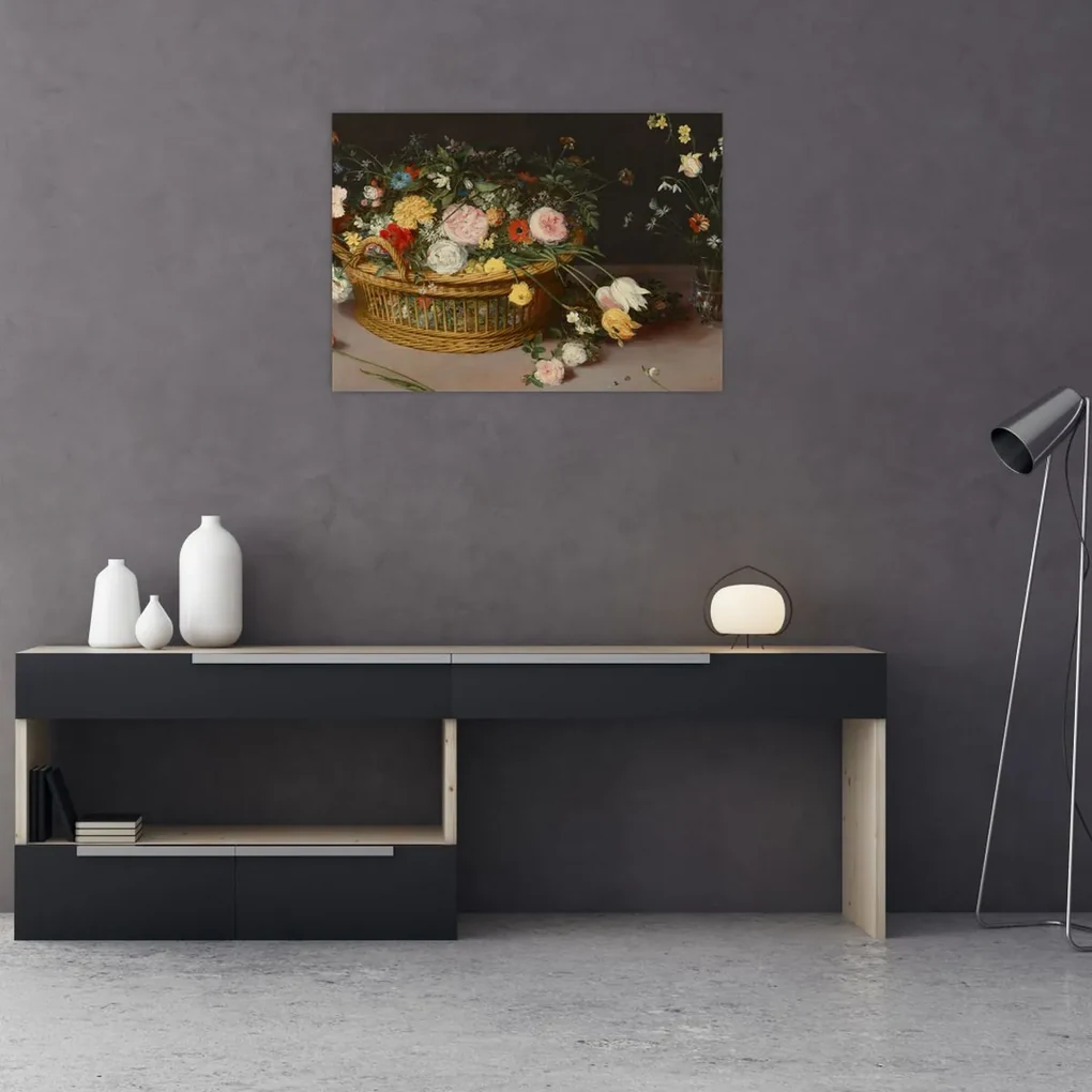 Obraz - Jan Brueghel the Elder, Flowers in a Basket and a Vase, reprodukcia (70x50 cm)