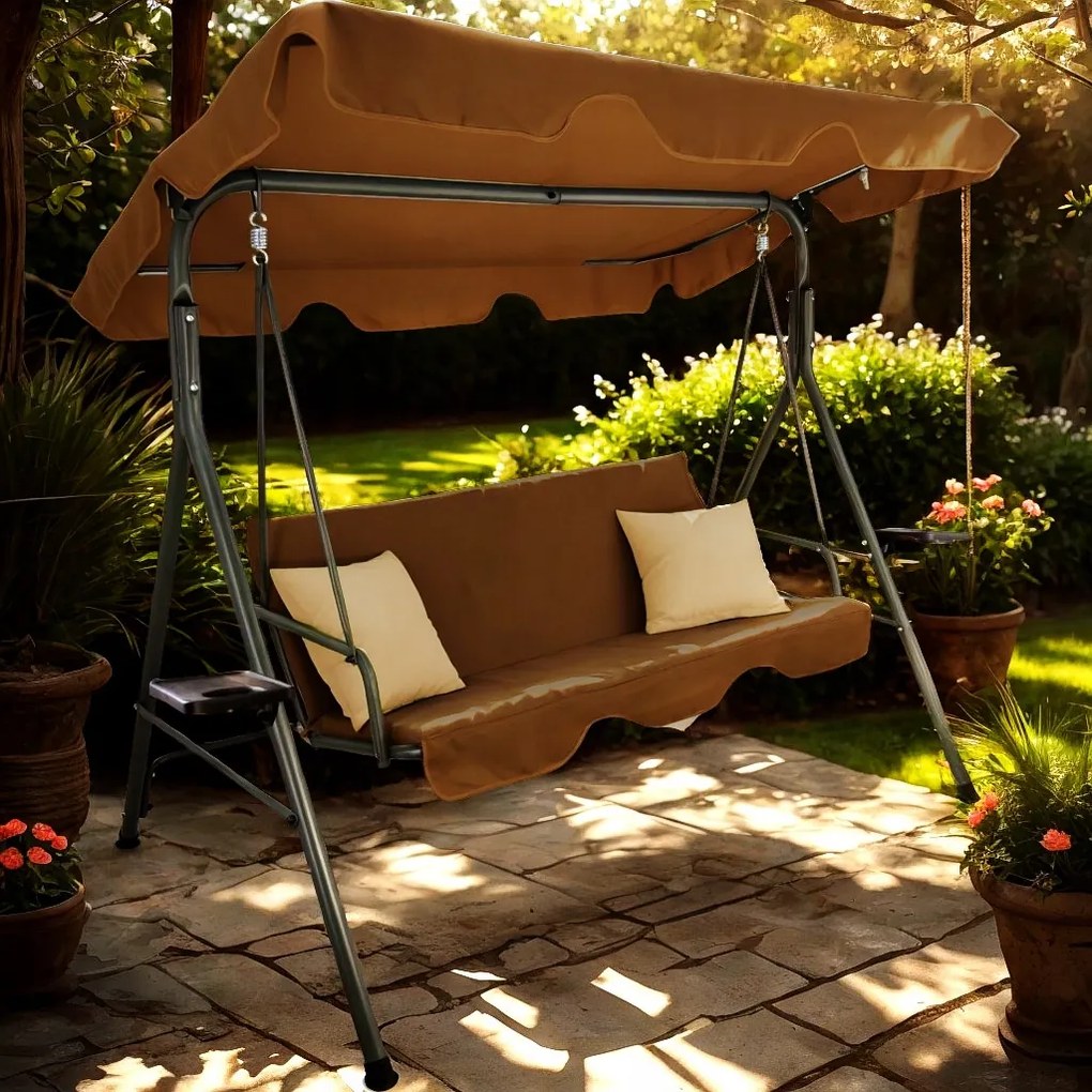 CH ZÁHRADNÁ HOJDAČKA TYPU A 170 x 118 x 153 cm HNEDÁ S BEŽOVÝMI VANKÚŠIKMI A DRŽIAKMI NA POHÁRE