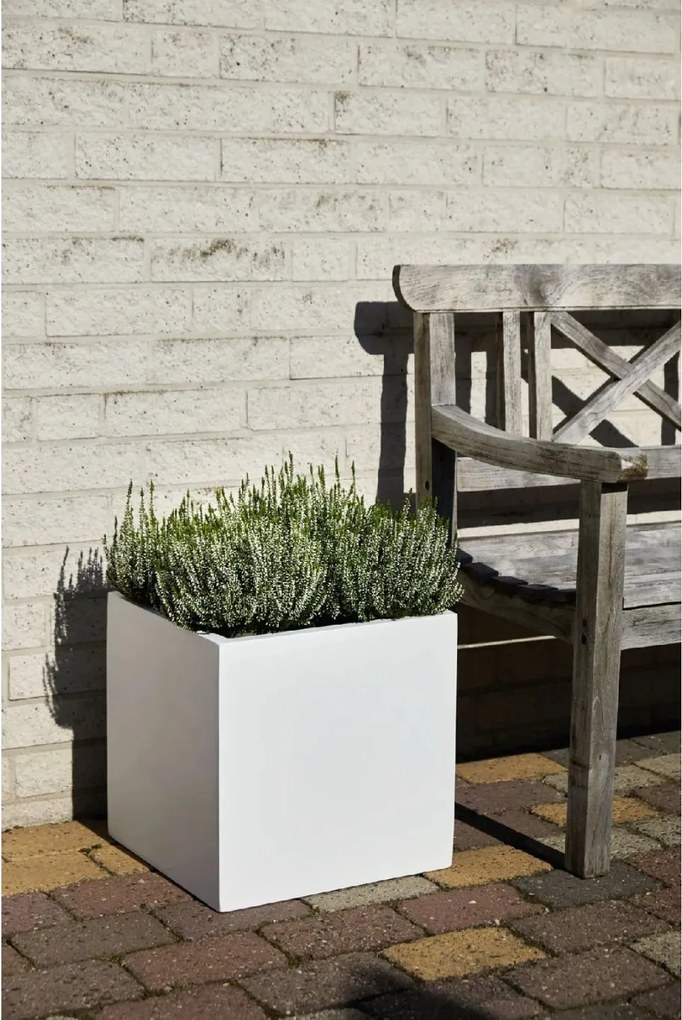 Samozavlažovací kvetináč BLOCK, sklolaminát, 40x40x40 cm, biely mat