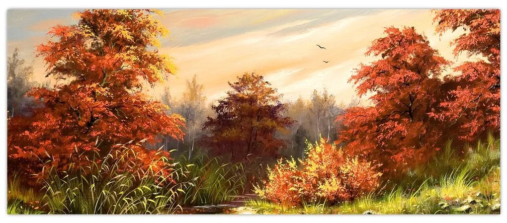 Obraz rieky v jesennej krajine, olejomaľba (120x50 cm)