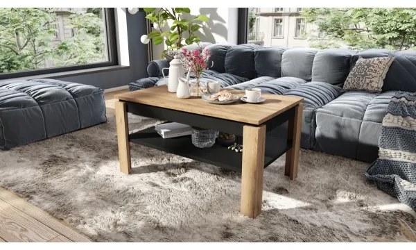 Rozkladací konferenčný stolík so zdvíhacou doskou a policou ADEN dub craft/čierna