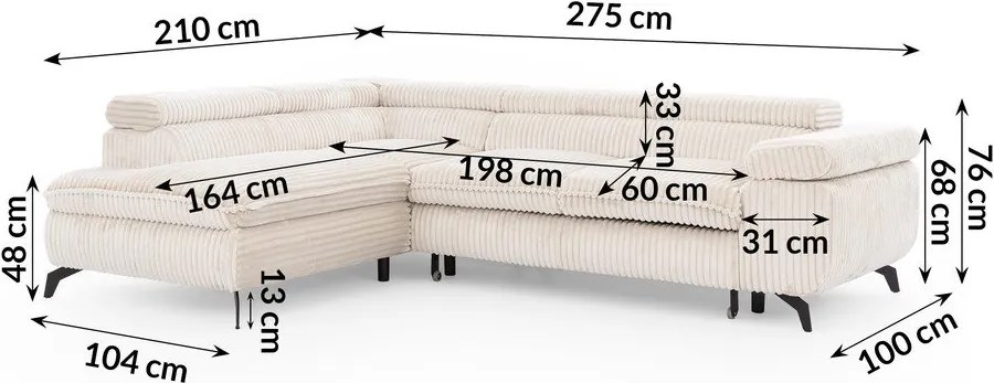 Krémová menčestrová rohová pohovka (ľavý roh/do L) Marbeya – Ropez