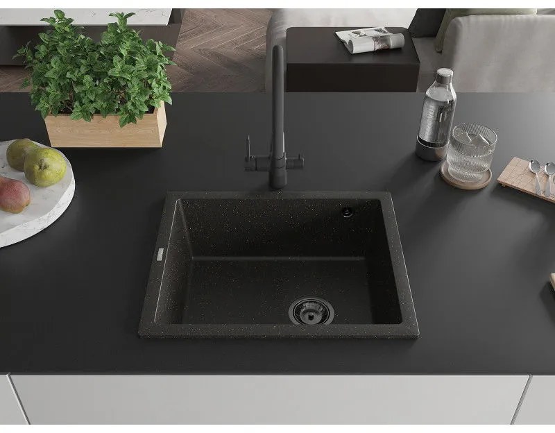 Mexen Pedro, granitový drez 560x460x200 mm, 1-komorový, čierna-zlatá metalíza s čiernym sifónom, 6508561000-75-B