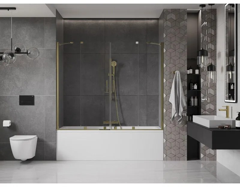 Mexen Velar Duo, vaňová zástena 2-krídlová s posuvnými dverami 190 x 150 cm, 8mm číre sklo, zlatý lesklý profil, 896-190-000-02-50