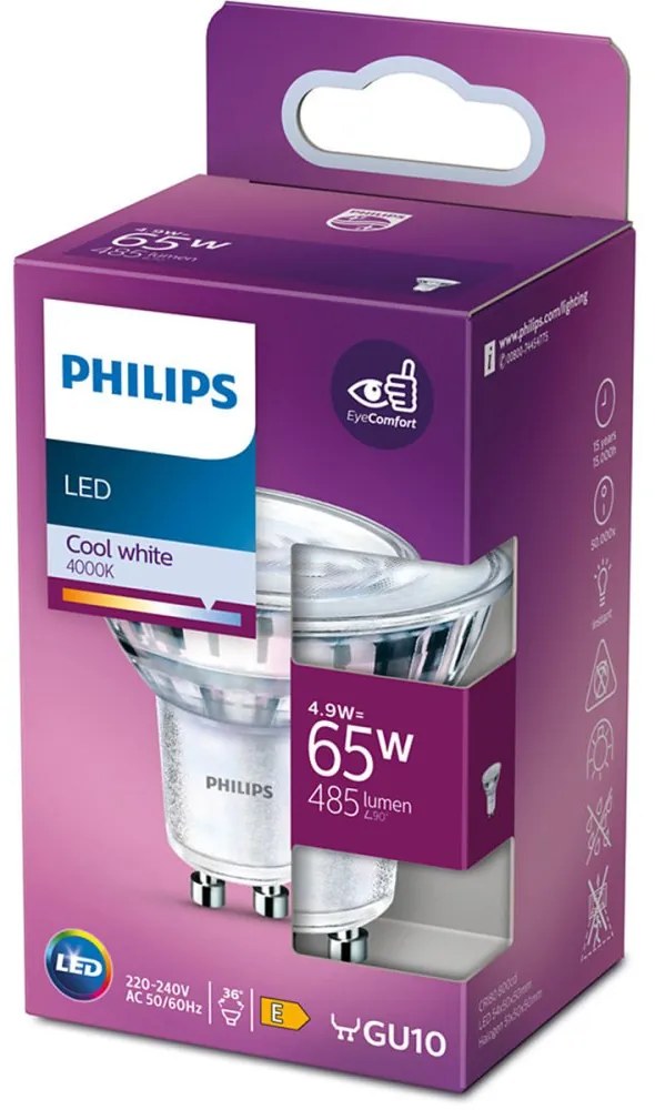 LED žiarovka GU10 4,9W = 65W 485lm 4000lm Neutrálny 36° reflektor PHILIPS