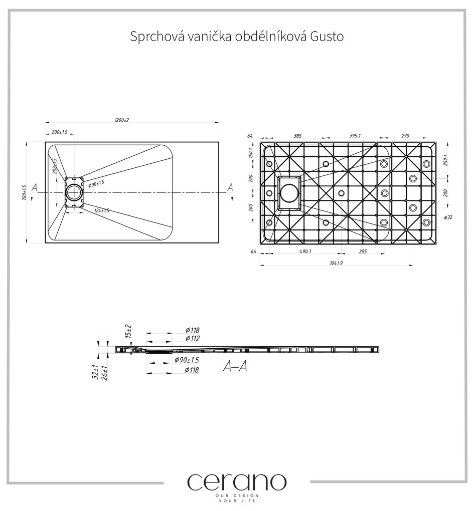 Cerano Gusto, obdĺžniková sprchová vanička 120x70x3 cm z minerálneho kompozitu, čierna matná, CER-CER-414608