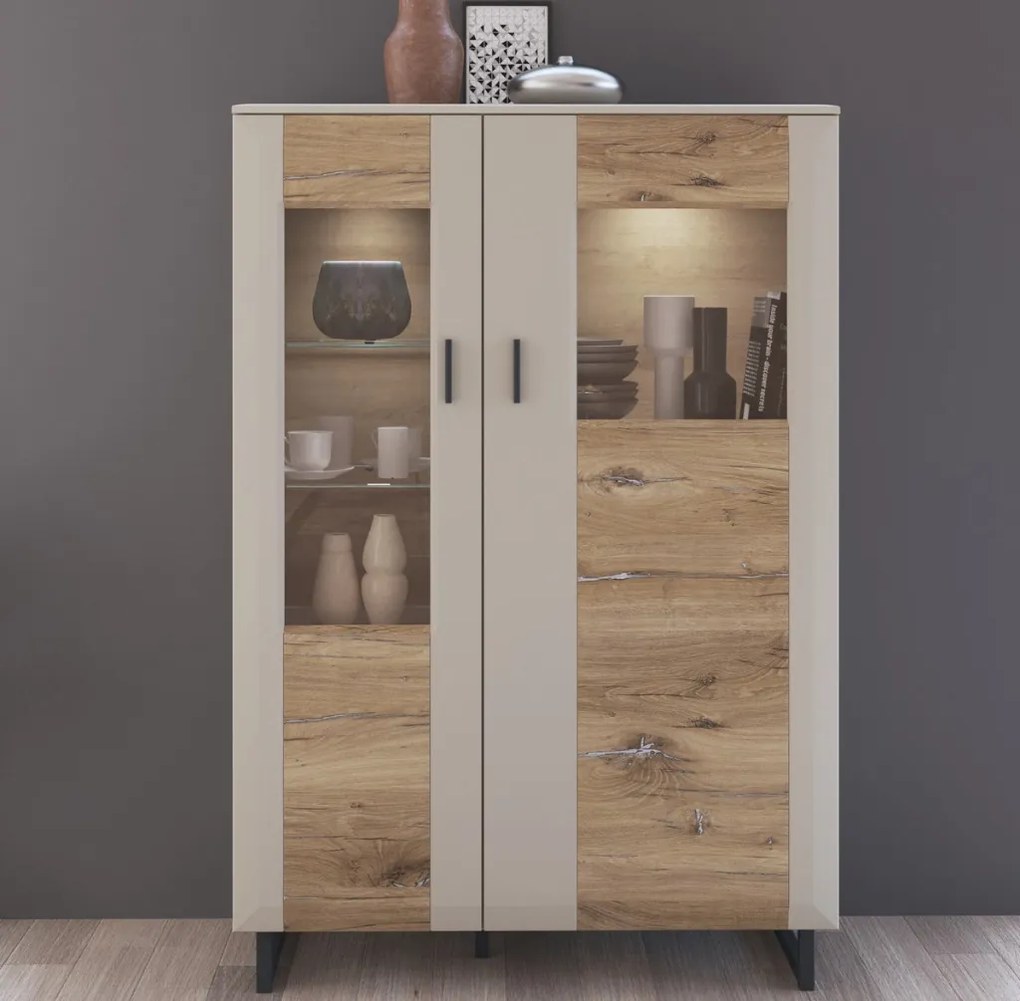 Skrinka s presklením Romy, šedá/dub