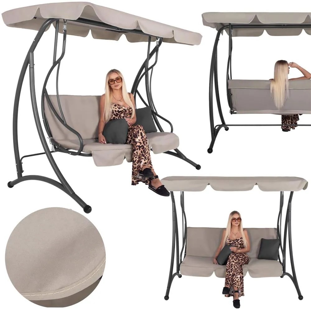 SPRINGOS 3-miestna záhradná hojdačka s nastaviteľnou strieškou, matracom a vankúšmi, béžová GS0031