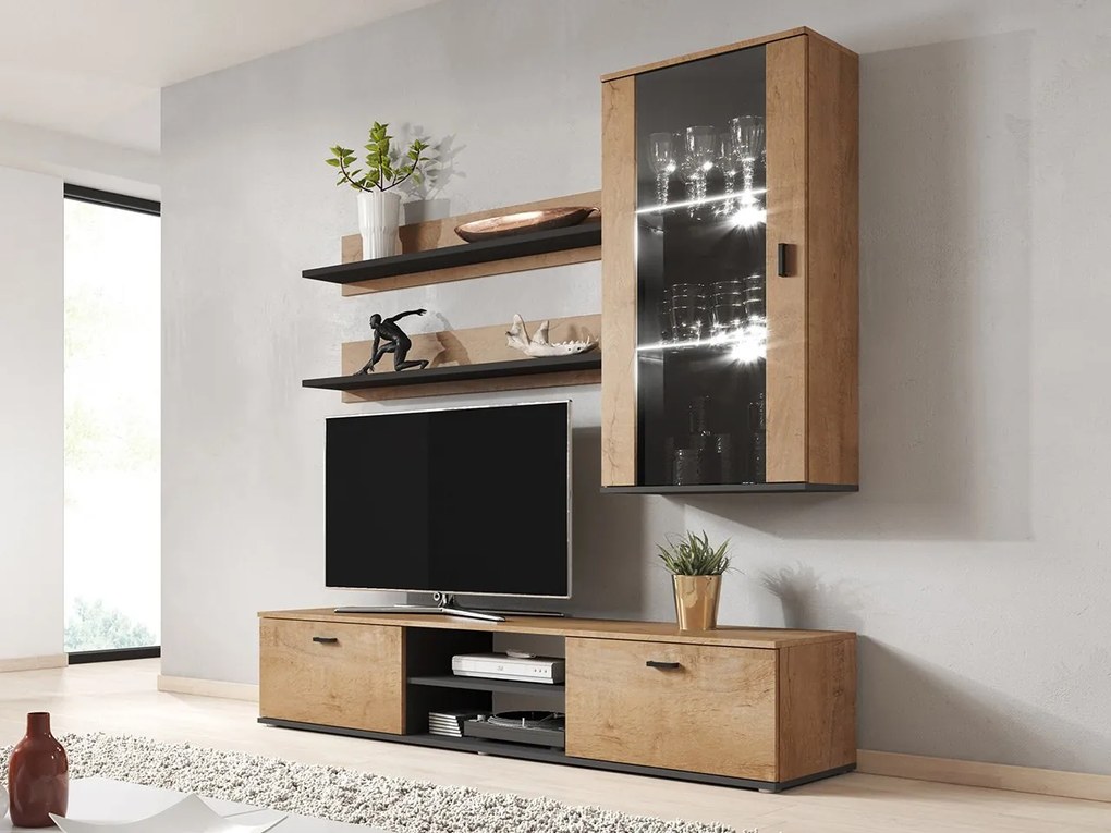 Obývacia stena Boho V, Osvetlenie: osvetlenie LED biele, Farby: biela / biely lesk
