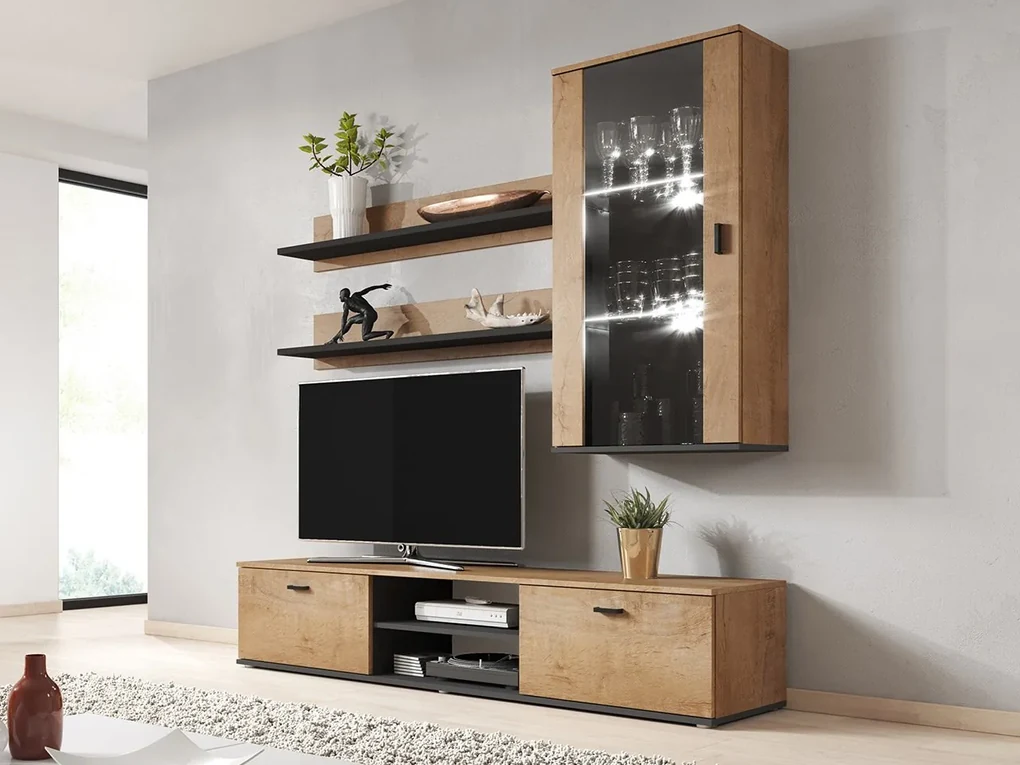 Obývacia stena Boho V, Osvetlenie: osvetlenie LED modré, Farby: čierny / čierny lesk