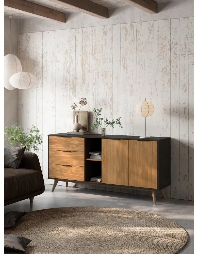 Čierna/prírodná nízka komoda z borovicového dreva 165x80 cm Lavis – Marckeric