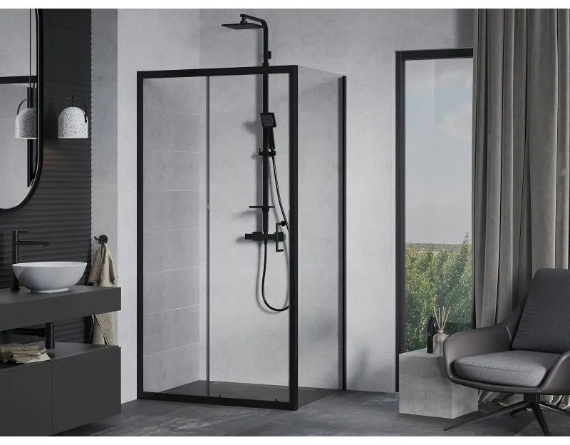 Mexen Apia, sprchový kút s posuvnými dverami 135 (dvere) x 100 (stena) cm, 6mm číre sklo, čierny profil + biela sprchová vanička SLIM, 840-135-100-70-00