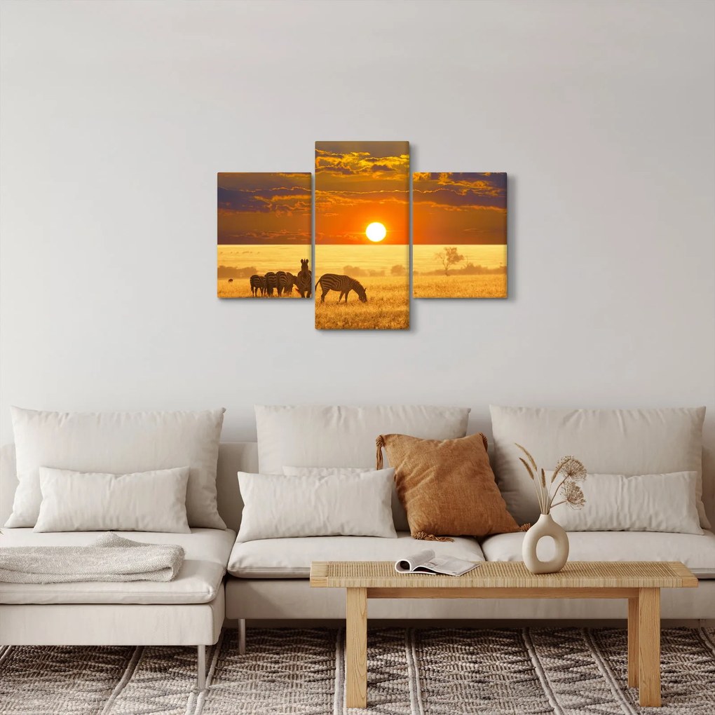 Obraz - Zebry so západom slnka (90x60 cm)
