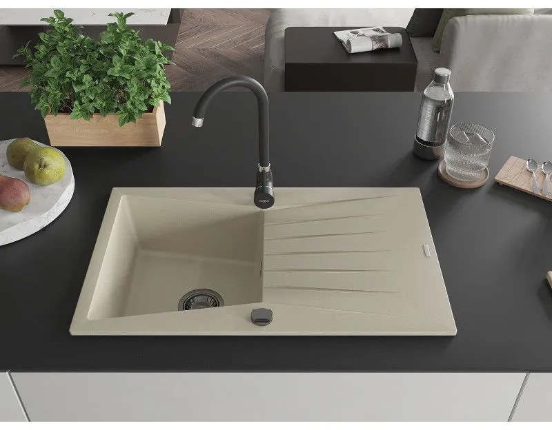 Mexen Cesar, granitový drez 775x470x190 mm, 1-komorový, béžová s čiernym sifónom, 6514771010-69-B