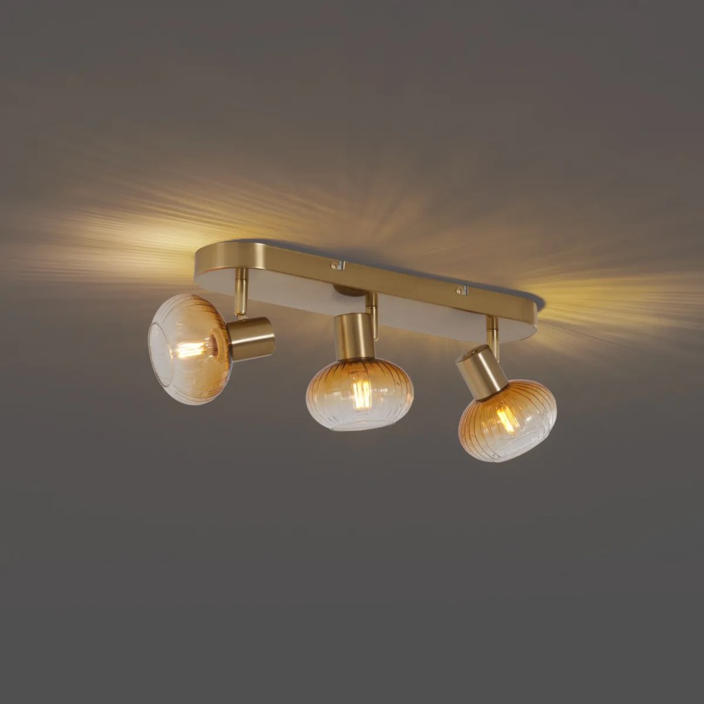 Zaoblené stropné bodové svetlo zlaté s jantárovým sklom 3-svetlo - Teddy