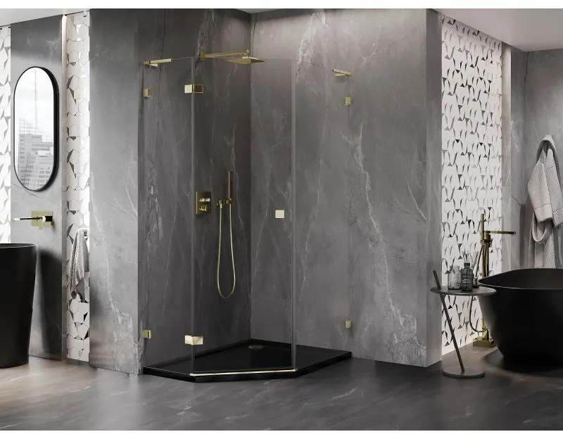 Mexen Lunar, L päťuholníkový sprchový kút naklápací doľava 80 x 100 cm, 8mm číre sklo, zlatý profil, 831L-080L-100P-50-00-L