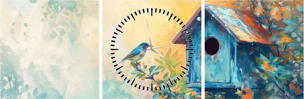 Obraz - Vtáčia búdka, akvarel (s hodinami) (90x30 cm)