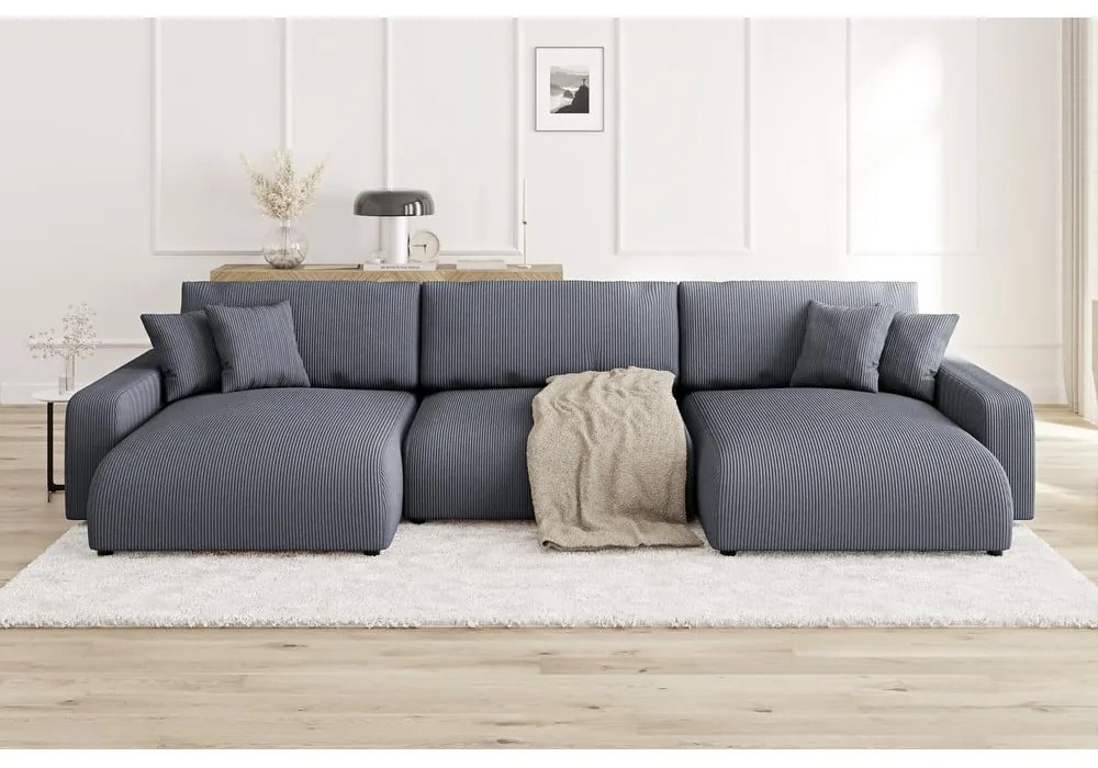 Tmavosivá menčestrová rozkladacia/s úložným priestorom rohová pohovka Sara – Ropez