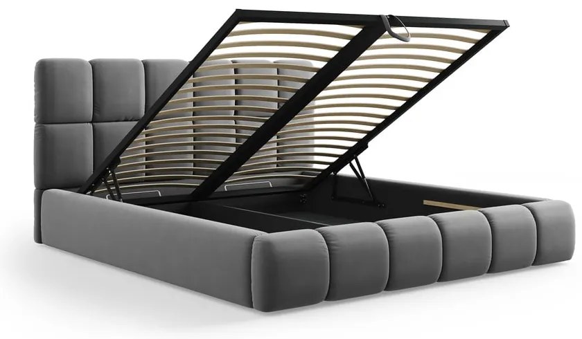 Sivá zamatová čalúnená dvojlôžková posteľ s úložným priestorom s roštom 140x200 cm Bellis – Micadoni