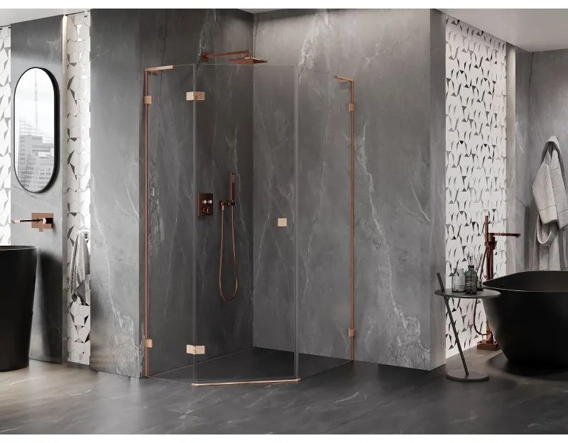 Mexen Lunar, L päťuholníkový sprchový kút naklápací doľava 90 x 100 cm, 8mm číre sklo, profil medená matná, 831L-090L-100P-65-00-L