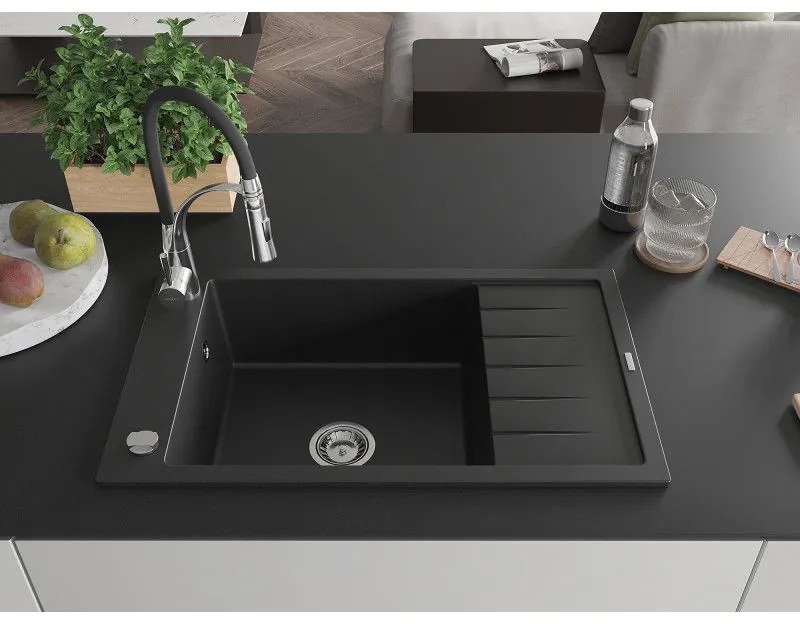 Mexen Elias, 1-komorový granitový drez 795x480x200 mm a drezová batéria Aster, čierna, 6511-77-73450-07