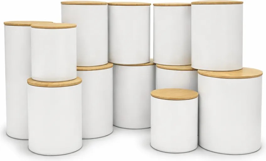 Orion Sada 12ks plechových dóz na potraviny, biele, s bambusovým vekom SADA