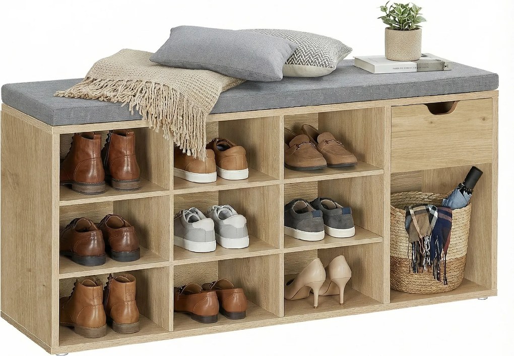 Botník s lavicou so sivým sedákom a zásuvkou TAYLOR ARTISAN 104x30x48 cm, biely