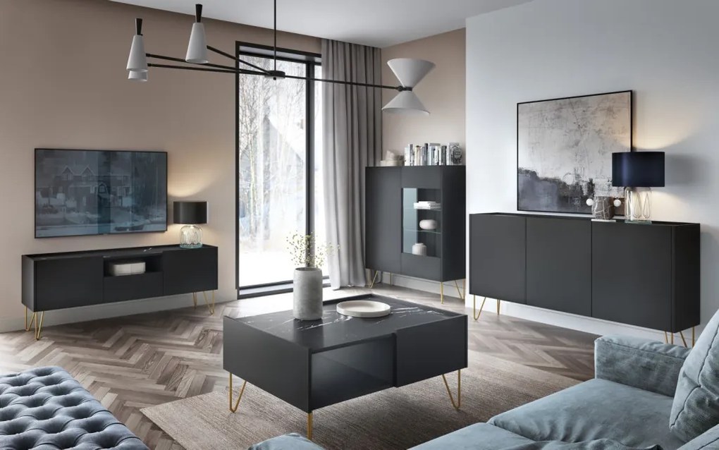 Vitrína Harmony, čierna/čierny mramor