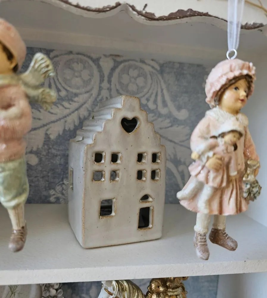 Béžový porcelánový domček svietnik na čajovú sviečku Christmas House S - 7*6*11 cm