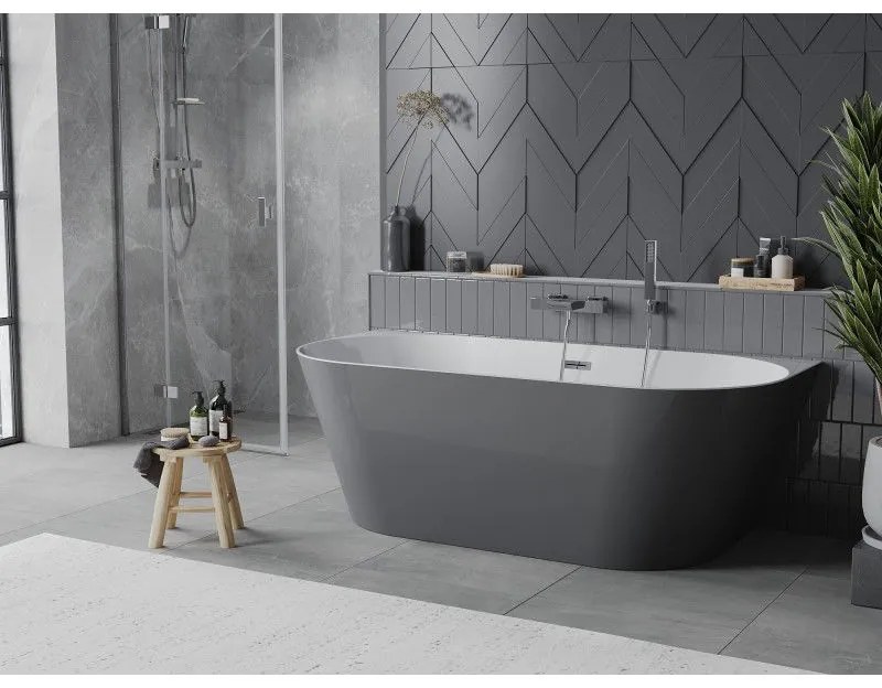 Mexen Oval Slim, voľne stojaca vaňa ku stene, 170 x 80 cm, biela-šedá, chrómový prepad, 52661708062-01