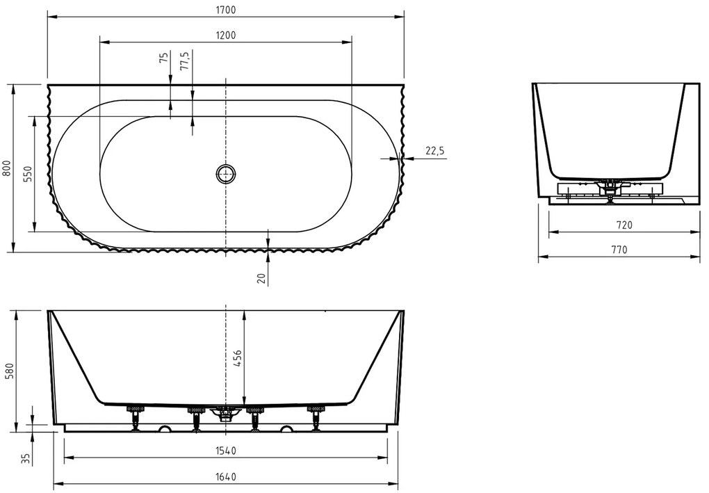 Mexen Sella, voľne stojaca vaňa ku stene, drážkovaná, 170 x 80 cm, biela lesklá, 52711708000-SS